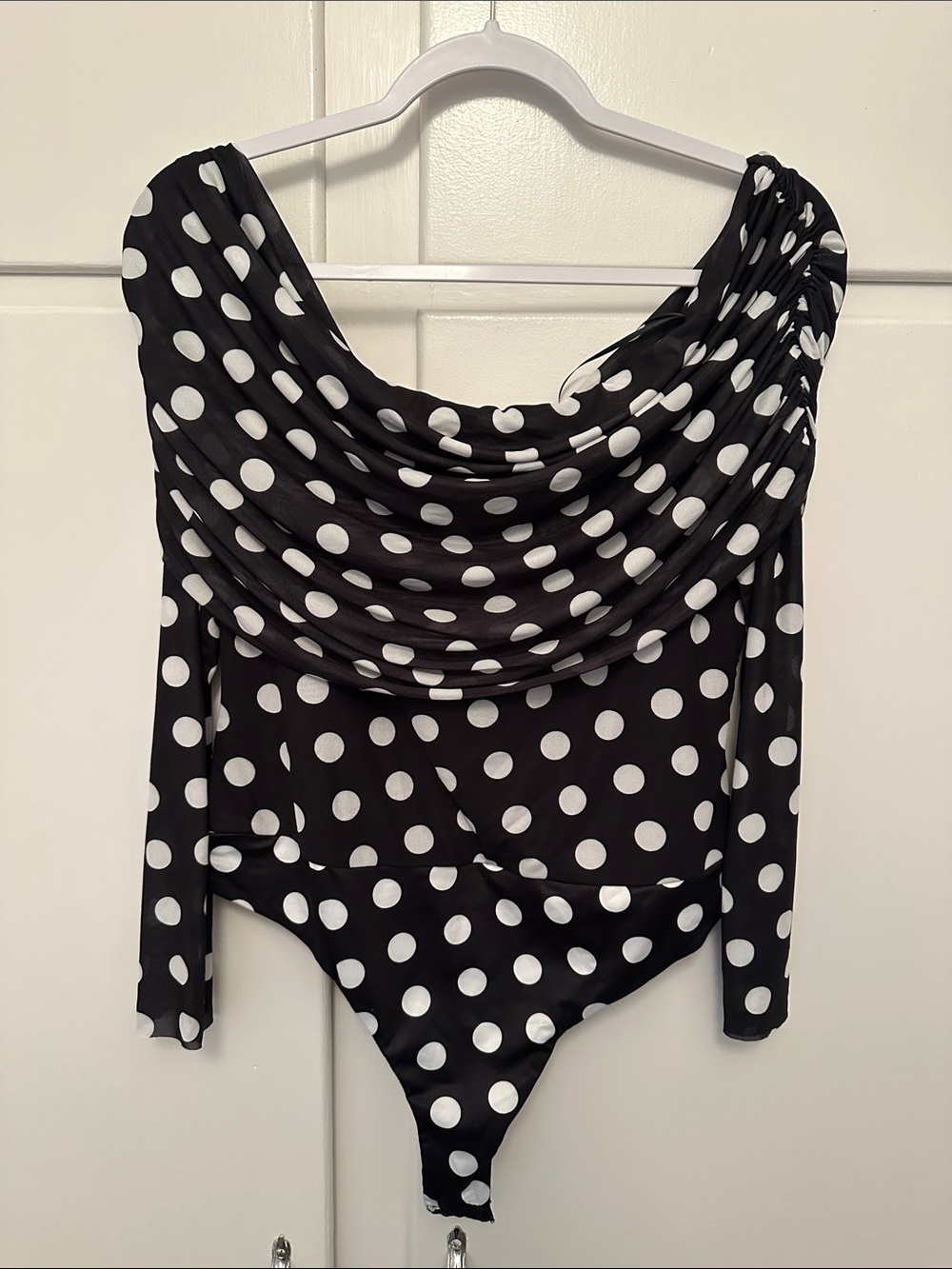 NWT AFRM Mesh Black & White Polka Dot Drape Neck Bodysuit